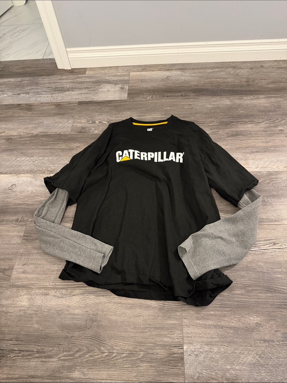 Caterpillar Black Long Sleeve Tee with Gray Sleeve Detail
